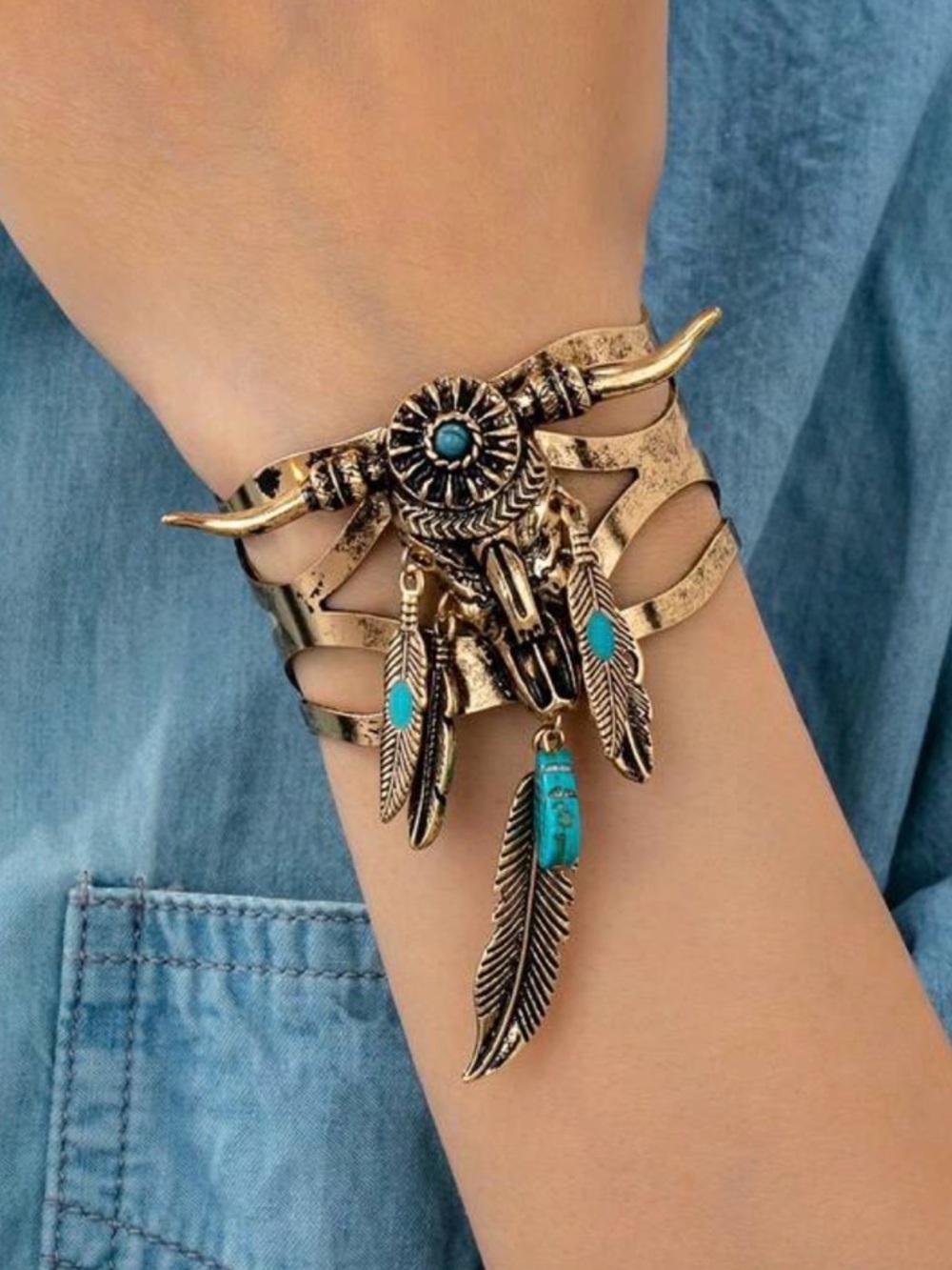 Western Bracelet Longhorn Cuff Bracelet Turquoise and Antique Gold Bracelet